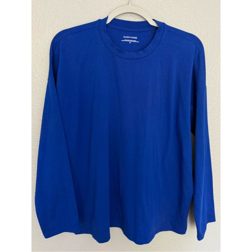 Eileen Fisher Royal Blue Organic Cotton Stretch Crewneck Top Boxy Small S